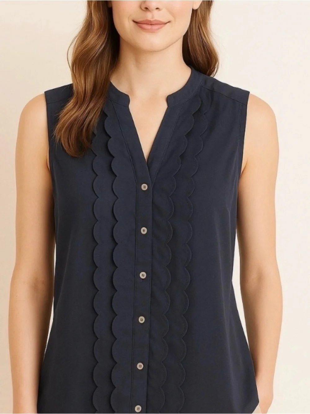 🧩Meadow Rue Anthropologie Sleeveless Scallop-Trim Button Front Navy size 0 GUC